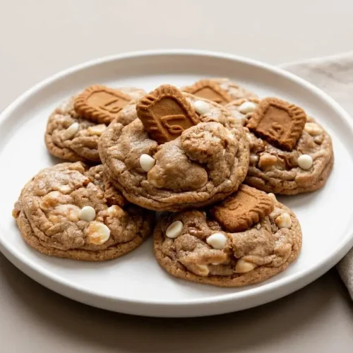 Chewy biscoff cookie recipe featuring cracked golden edges, white chocolate chips, and crushed spiced biscuits.