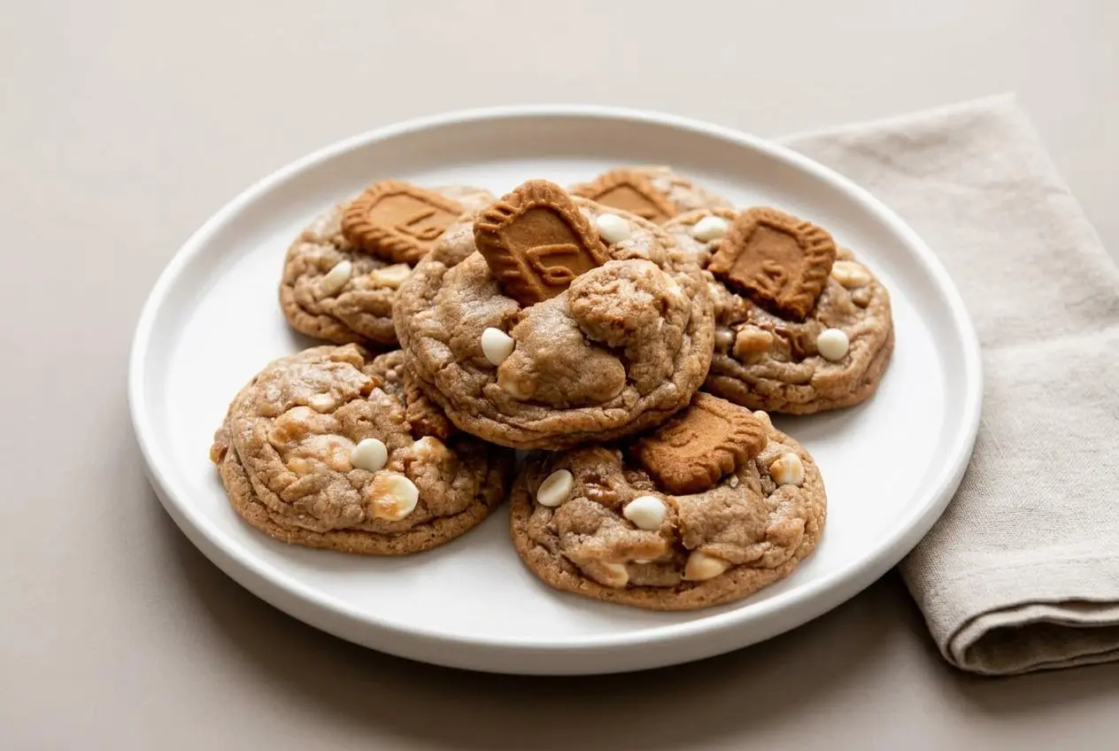 Chewy biscoff cookie recipe featuring cracked golden edges, white chocolate chips, and crushed spiced biscuits.