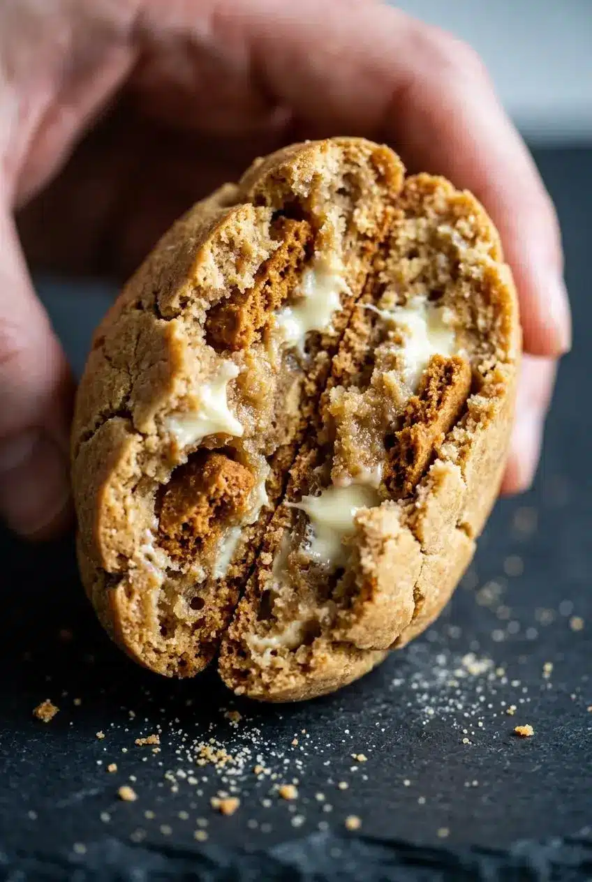 Broken Biscoff cookie showing a thick, chewy underbaked center filled with melted white chocolate pockets.
