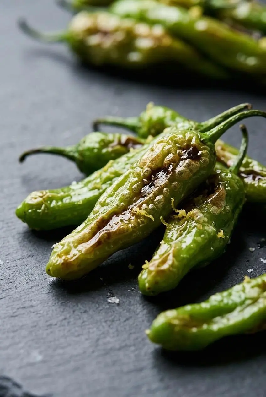 Close up of blistered shishito peppers with puckered golden char, sea salt crystals, and lemon zest.