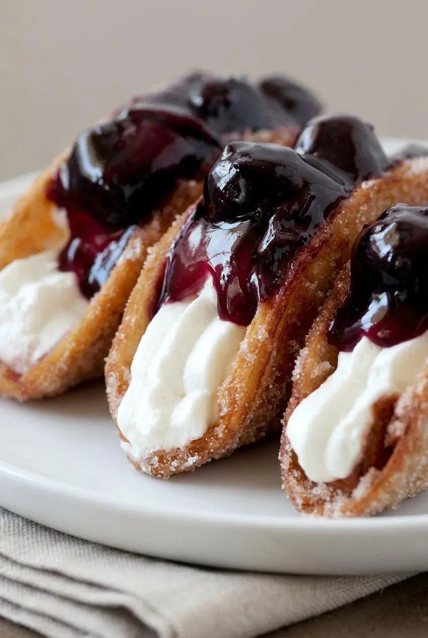 Close-up of a crisp dessert taco shell holding stiff whipped cream cheese filling topped with glossy blueberry sauce.