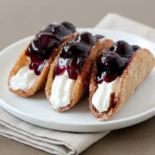 Blueberry cheesecake tacos filled with fluffy whipped cream cheese and glossy berry compote in crisp golden shells.