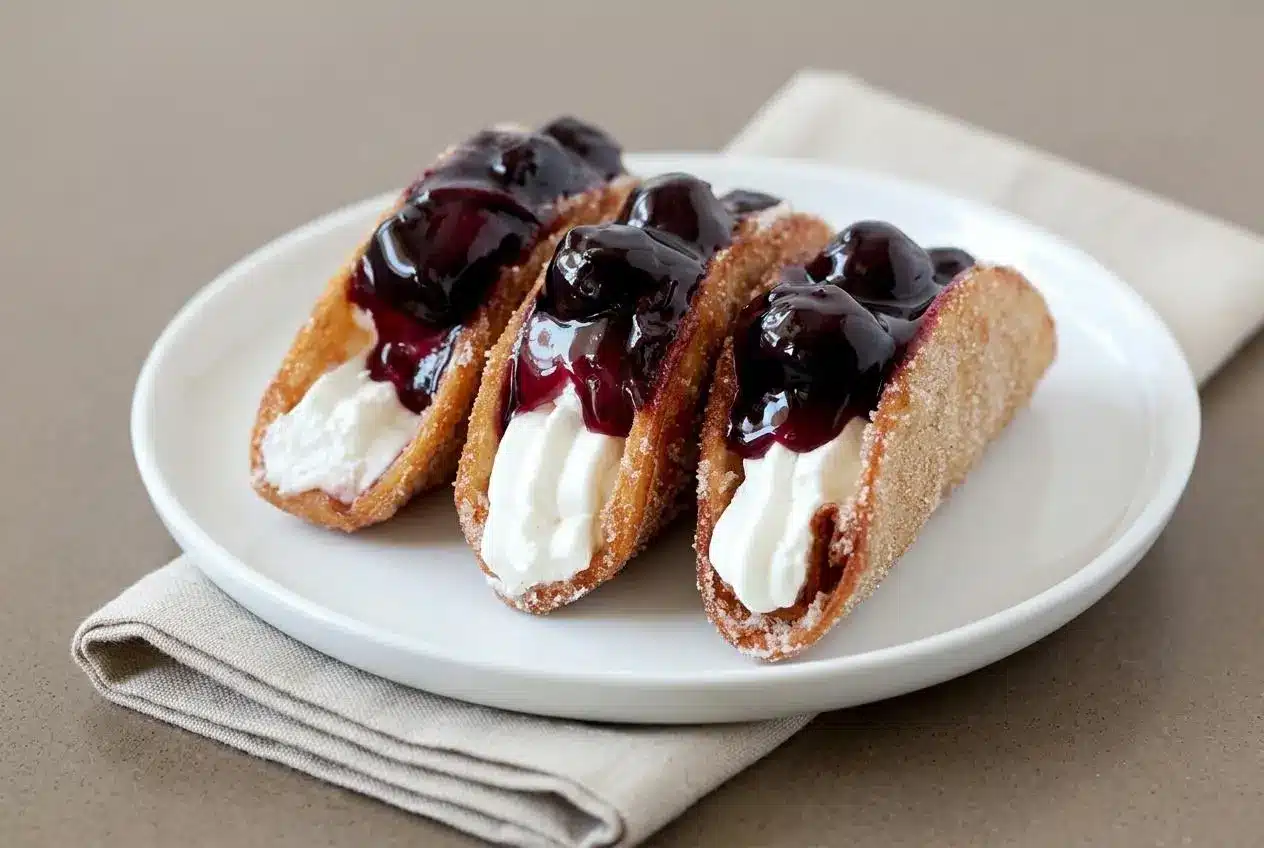 Blueberry cheesecake tacos filled with fluffy whipped cream cheese and glossy berry compote in crisp golden shells.