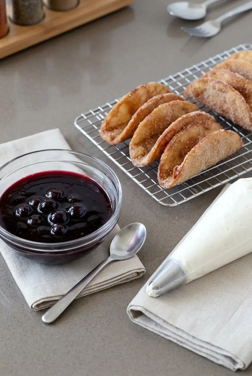 Prepared taco shells on a rack alongside a bowl of blueberry sauce and a piping bag of cheesecake filling.