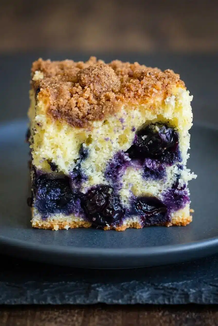 Cross section of blueberry coffee cake showing juicy berries suspended evenly through the crumb.