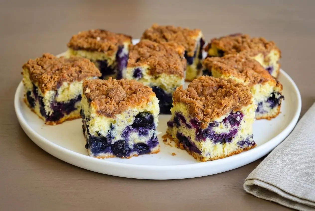 Blueberry coffee cake slice with a golden crumb and crisp cinnamon streusel topping.