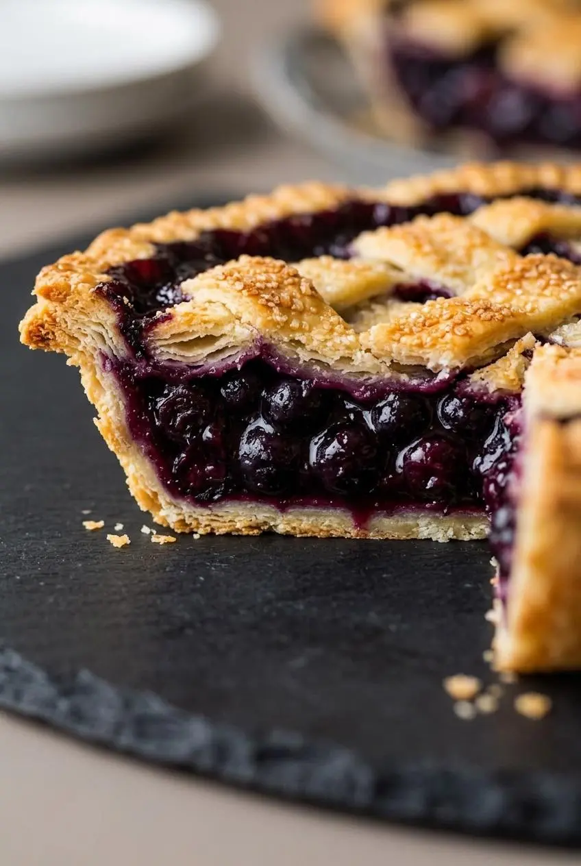 Clean slice of blueberry pie showing thick, jammy fruit filling held neatly between flaky crust layers.