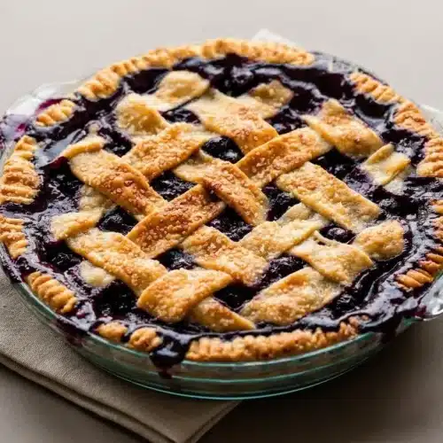 Blueberry pie recipe featuring a golden flaky lattice crust and bubbly jammy fruit filling.