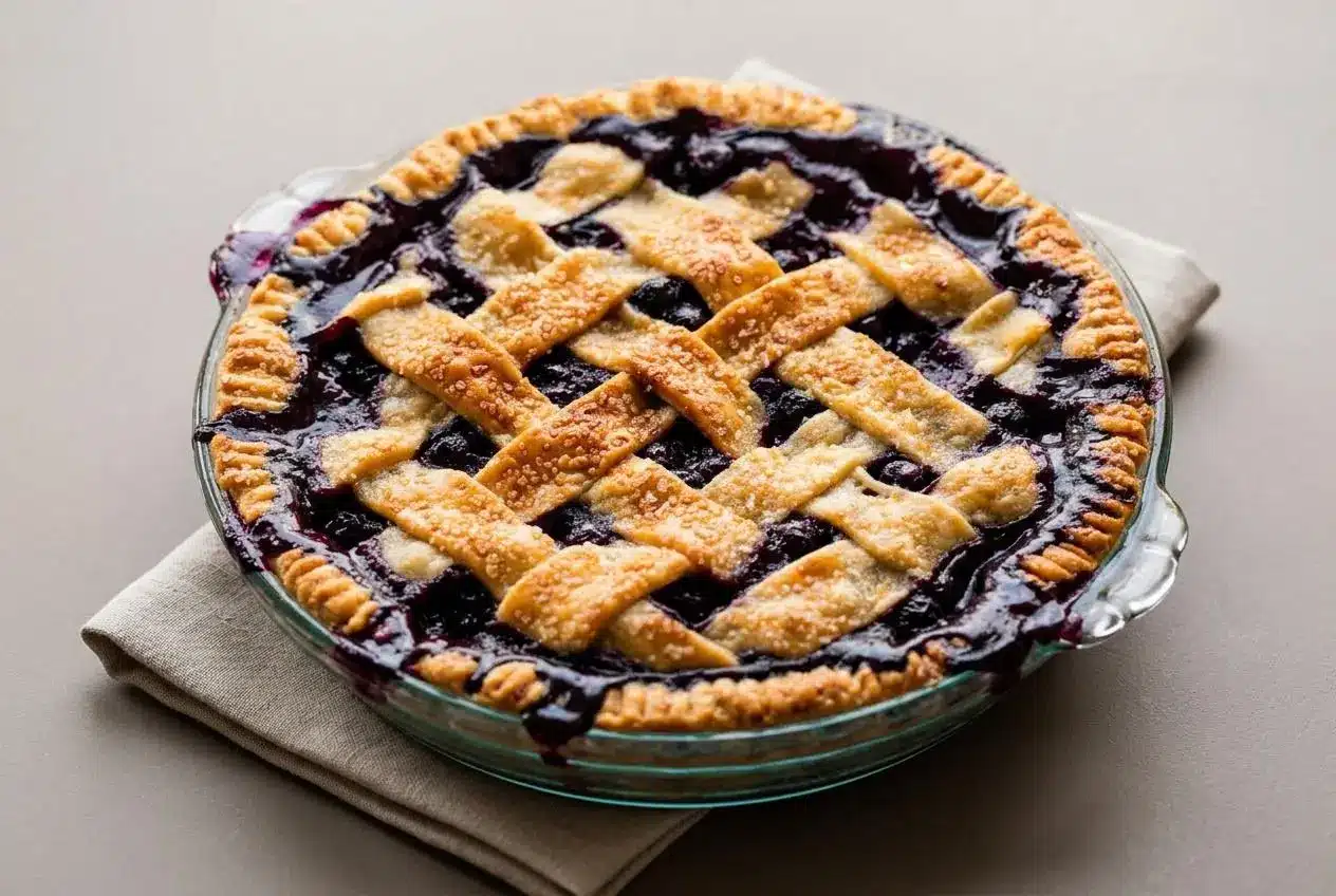 Blueberry pie recipe featuring a golden flaky lattice crust and bubbly jammy fruit filling.