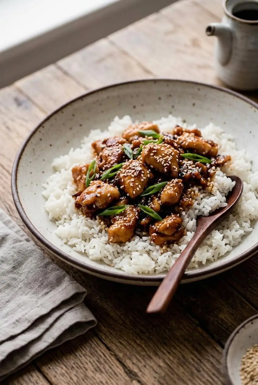 Bourbon chicken spooned over steamed white jasmine rice in a ceramic bowl with sliced scallions.