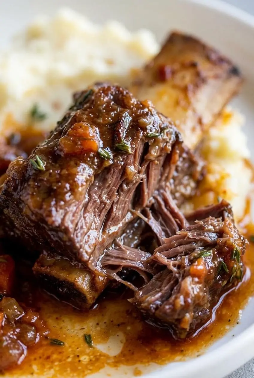 Close-up of tender braised beef short rib flaking apart with succulent meat grain and rich juices.