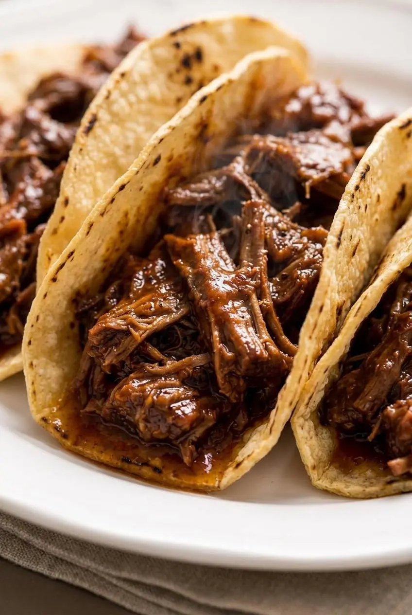 Close-up of tender shredded beef coated in a glossy, reddish-brown chipotle and citrus braising sauce.