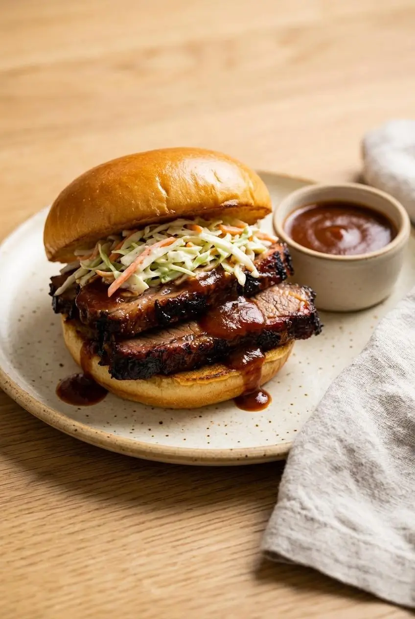 Barbecue beef brisket piled high on a toasted brioche slider bun topped with creamy coleslaw.