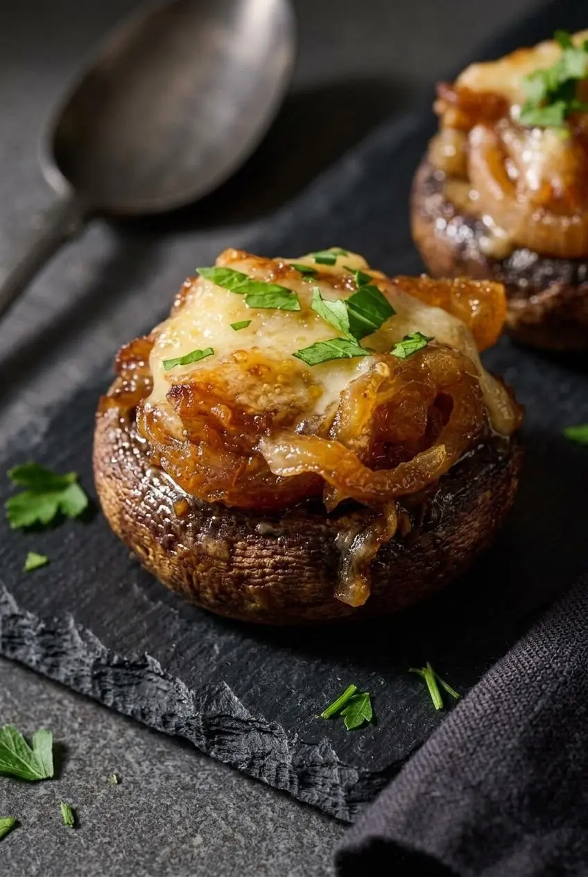 Close-up of a broiled mushroom cap showing blistered Gruyère cheese over caramelized onions without moisture pooling.
