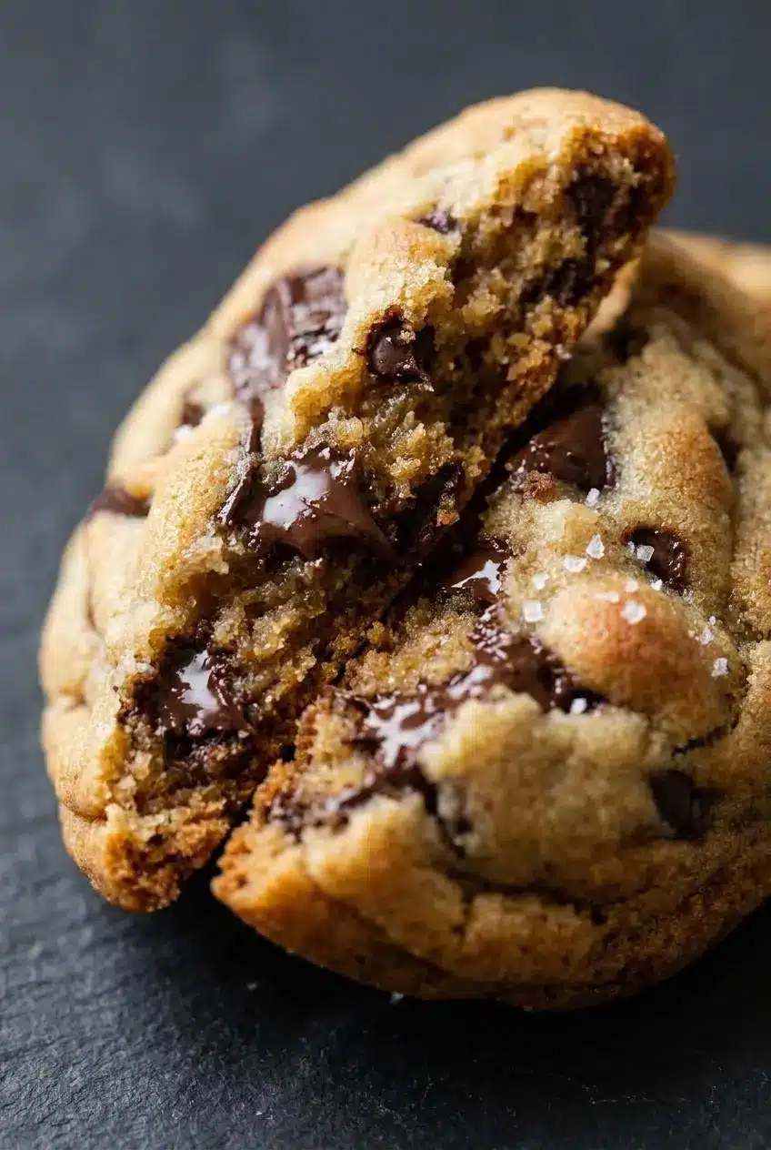 Dense, chewy interior crumb of a broken warm chocolate chip cookie showing melted chocolate pockets.