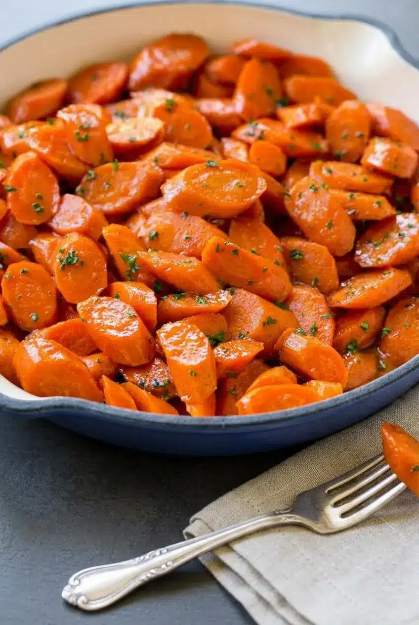 Close-up of glossy brown sugar glazed carrot coins showing thick caramelized bubbles on a dark surface.