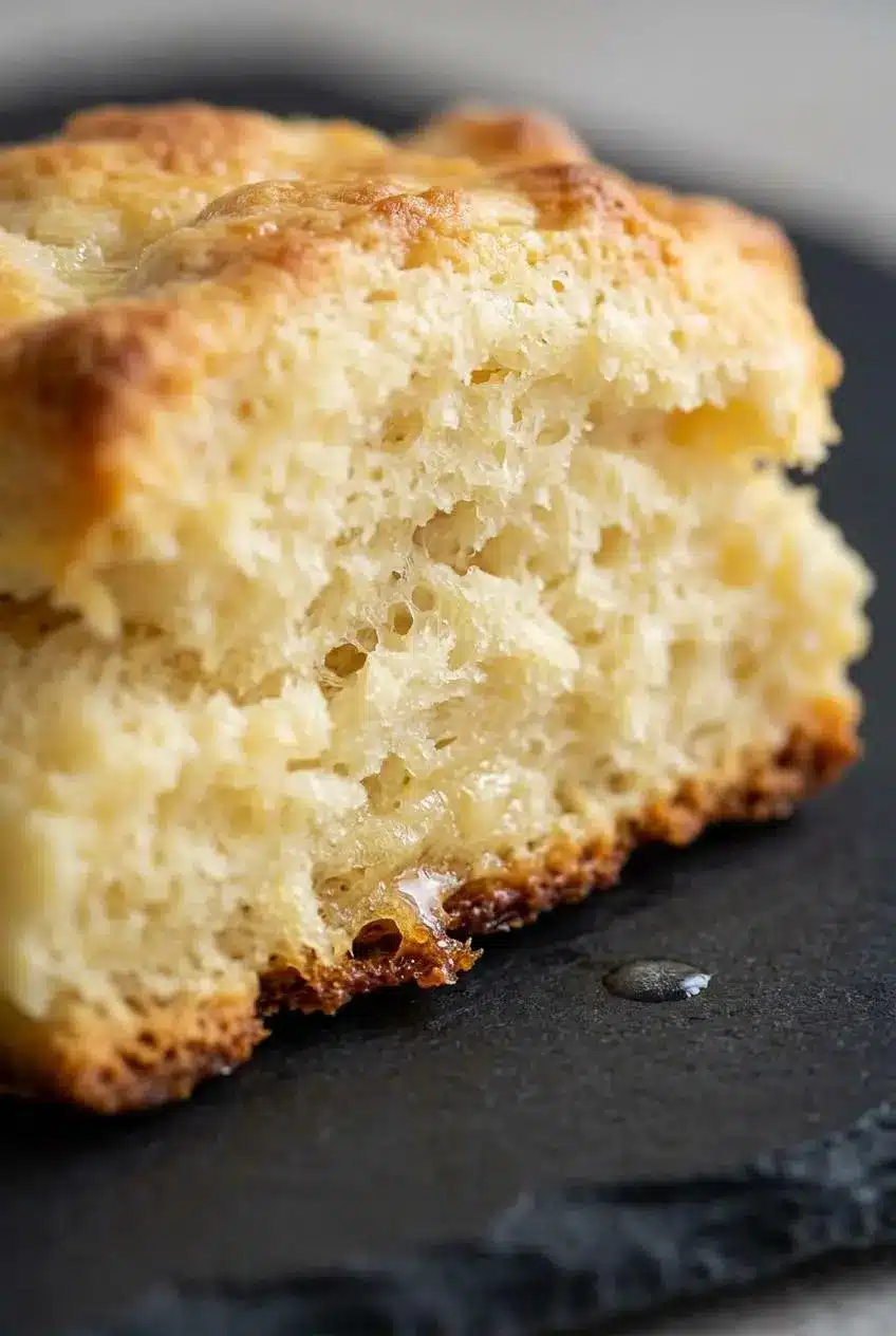 Close-up of a split butter swim biscuit showing a flaky, airy crumb and deeply browned bottom crust.