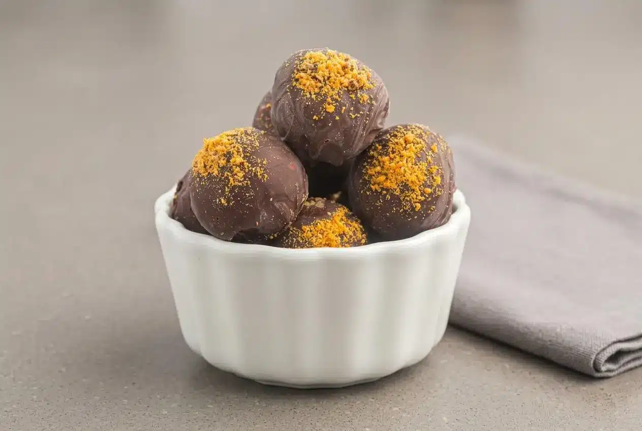 Chilled butterfinger balls coated in smooth semi-sweet chocolate with crushed candy bar topping.