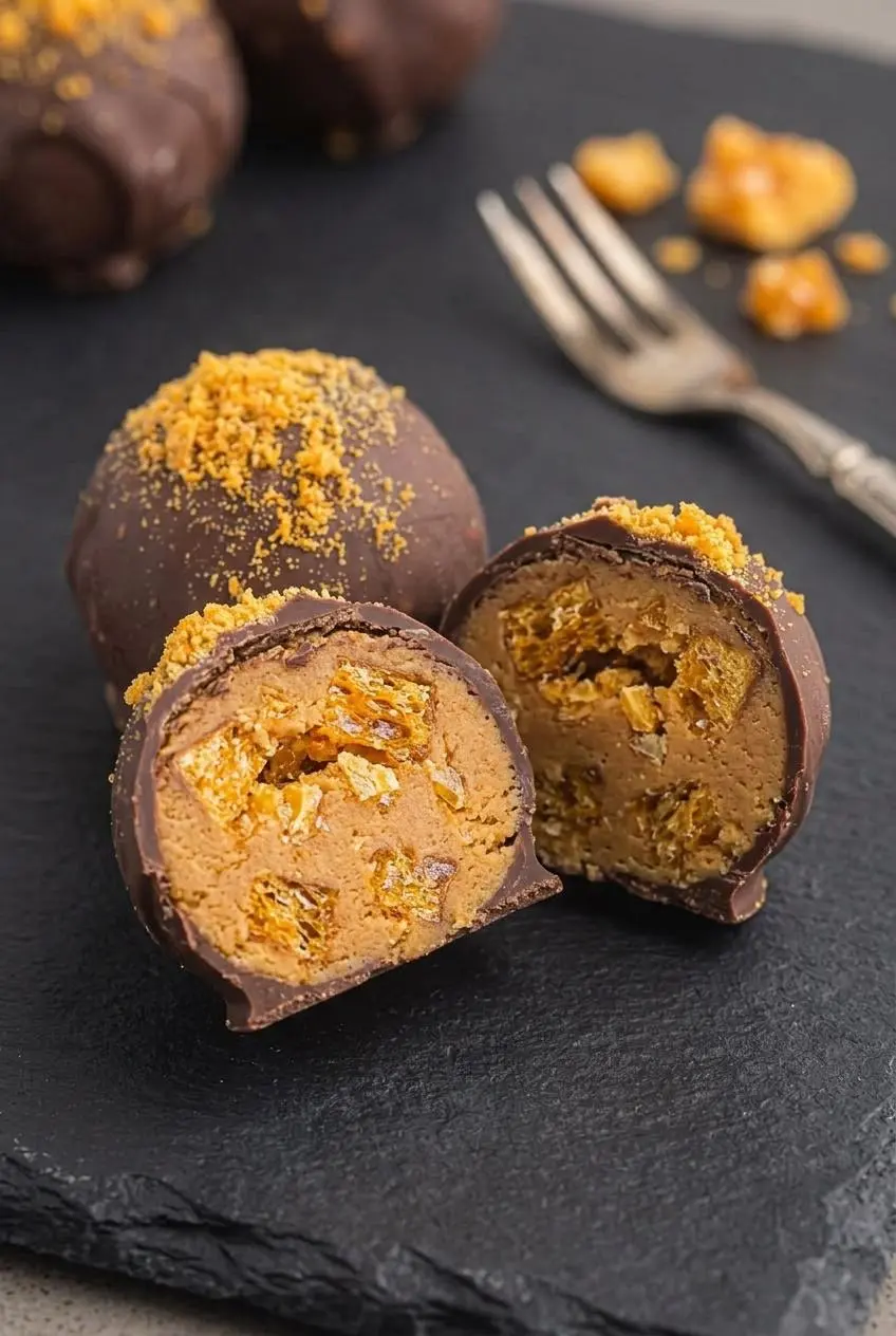 Sliced butterfinger ball revealing a creamy peanut butter center filled with crunchy candy bits.