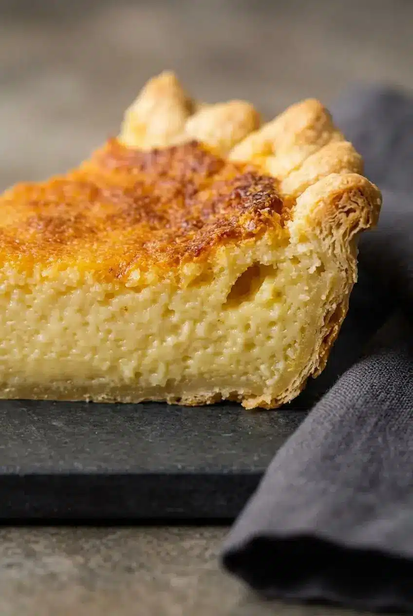 Close-up of a slice of buttermilk pie showing the velvety custard interior and flaky pastry crust.