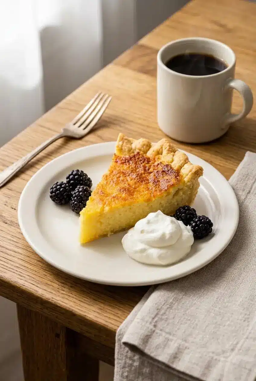 Slice of buttermilk pie served on a plate with whipped cream, fresh blackberries, and hot coffee.