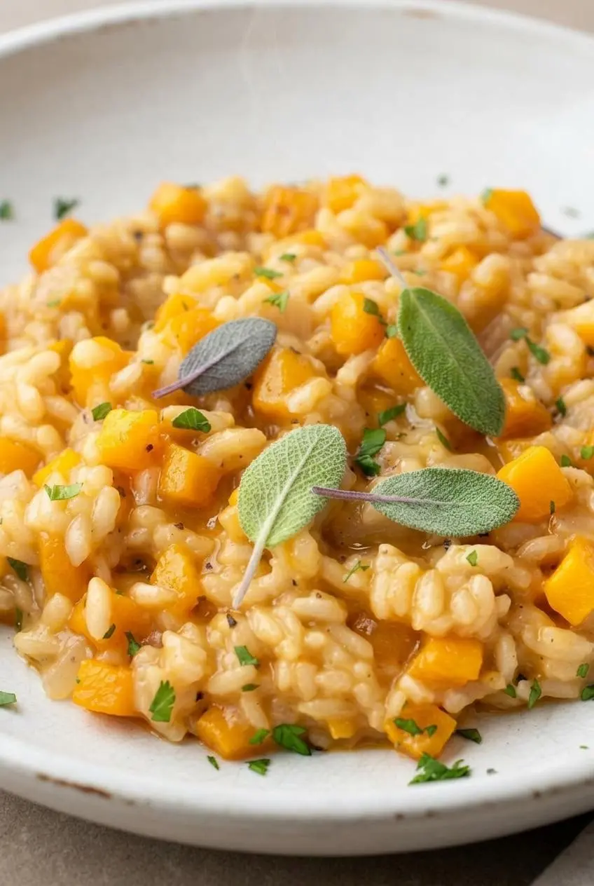 Macro view of creamy butternut squash risotto showing tender diced squash, black pepper, and minced herbs.