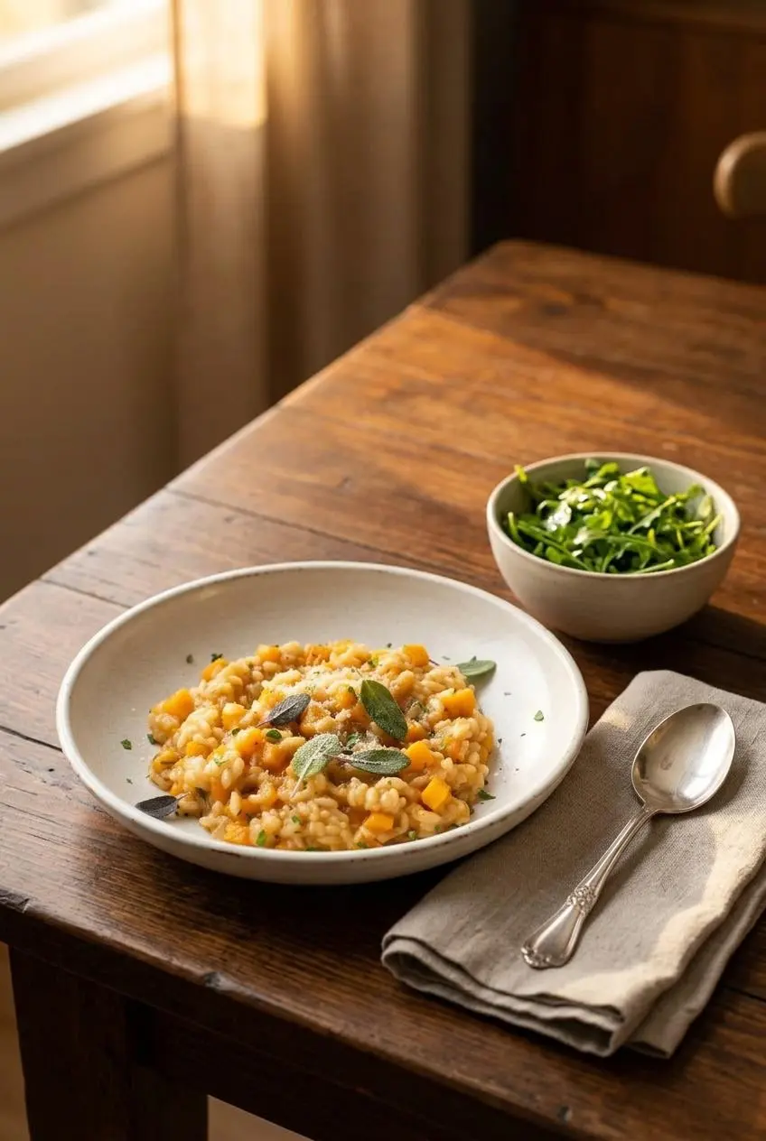 Bowl of butternut squash risotto topped with crisp sage beside an arugula salad on a rustic table.