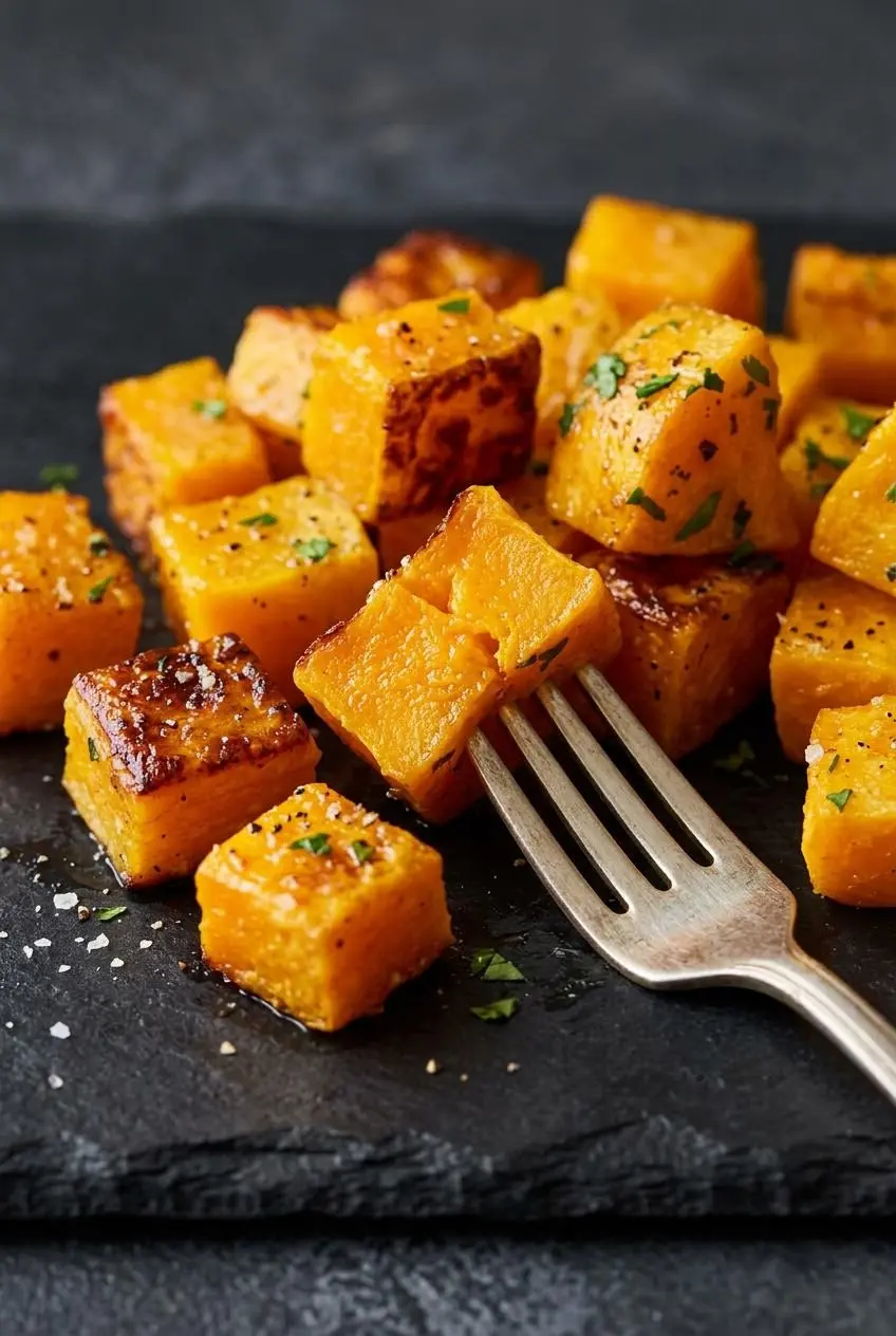 Fork pressing into a tender roasted butternut squash cube with blistered, caramelized edges.