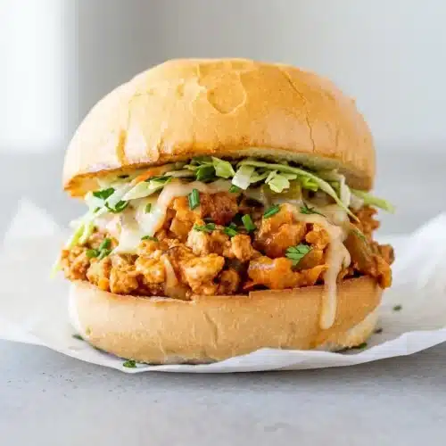 Cajun chicken sloppy joes with creamy seasoned ground chicken and melted cheese on a butter-toasted bun.