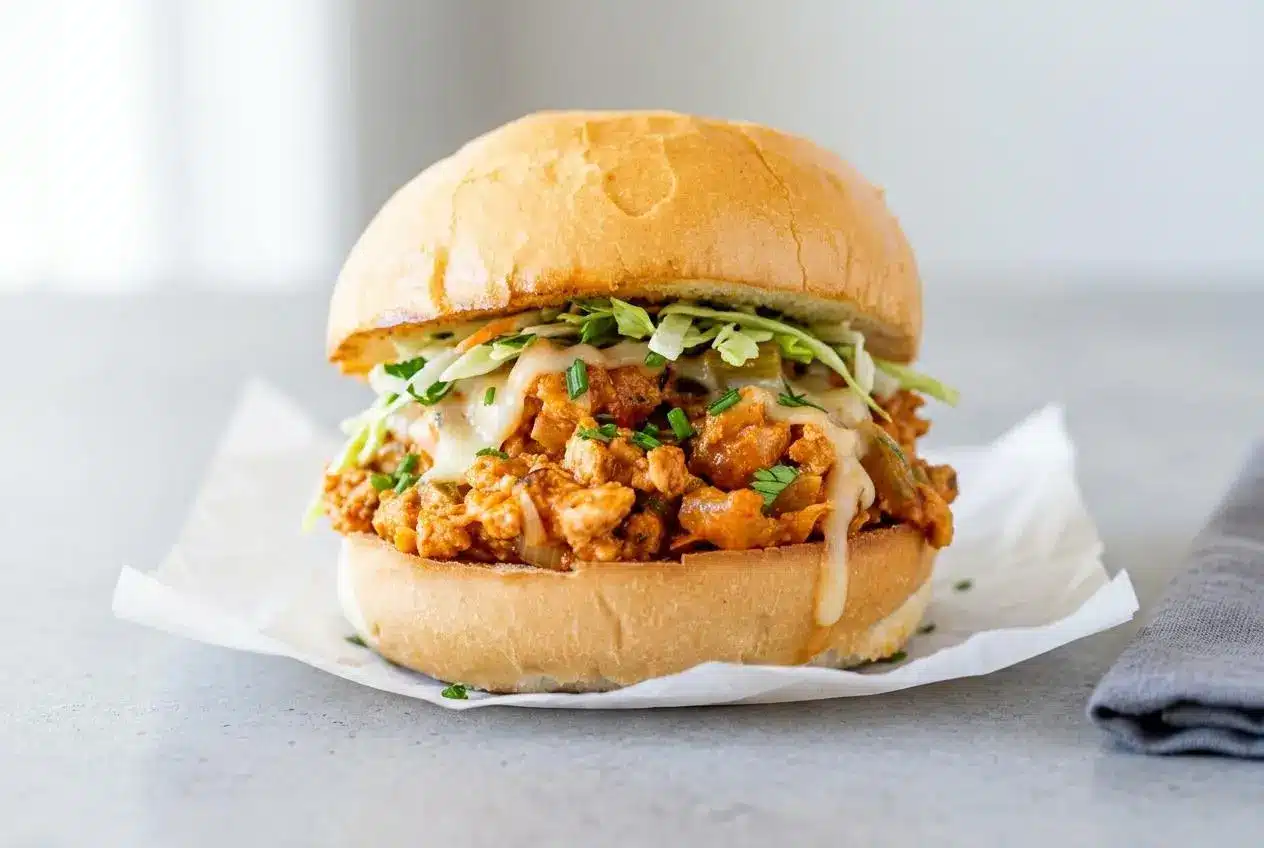 Cajun chicken sloppy joes with creamy seasoned ground chicken and melted cheese on a butter-toasted bun.