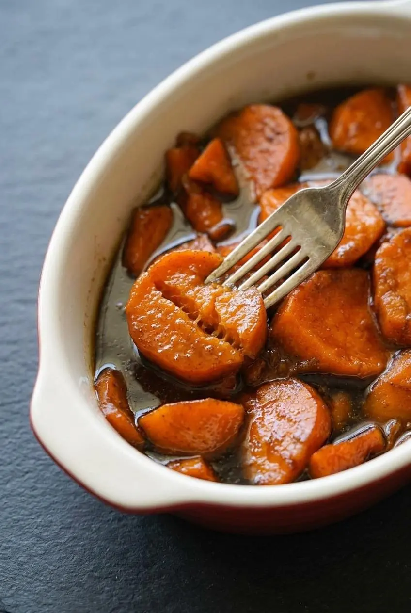 Fork pressing gently into a tender baked candied yam round coated in thick, bubbling amber syrup.