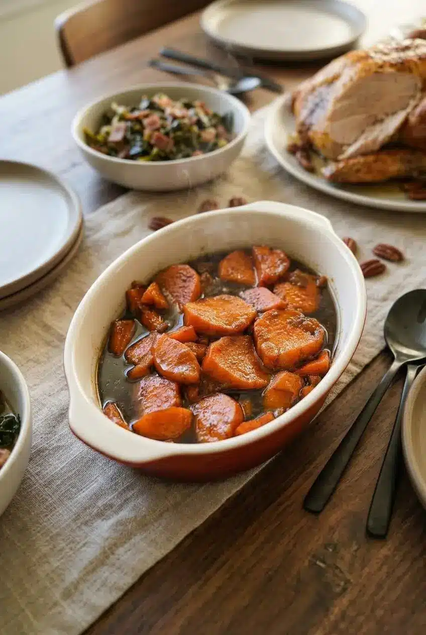Baked candied yams served alongside carved roasted turkey and braised greens on a holiday dinner table.