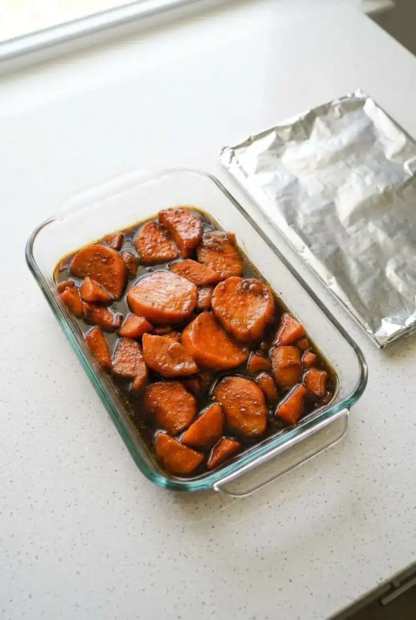 Candied sweet potatoes arranged in a glass dish on a kitchen counter beside foil for make-ahead storage.
