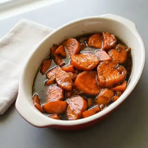 Candied Yams Recipe featuring tender sliced sweet potatoes in a glossy caramelized brown sugar glaze.
