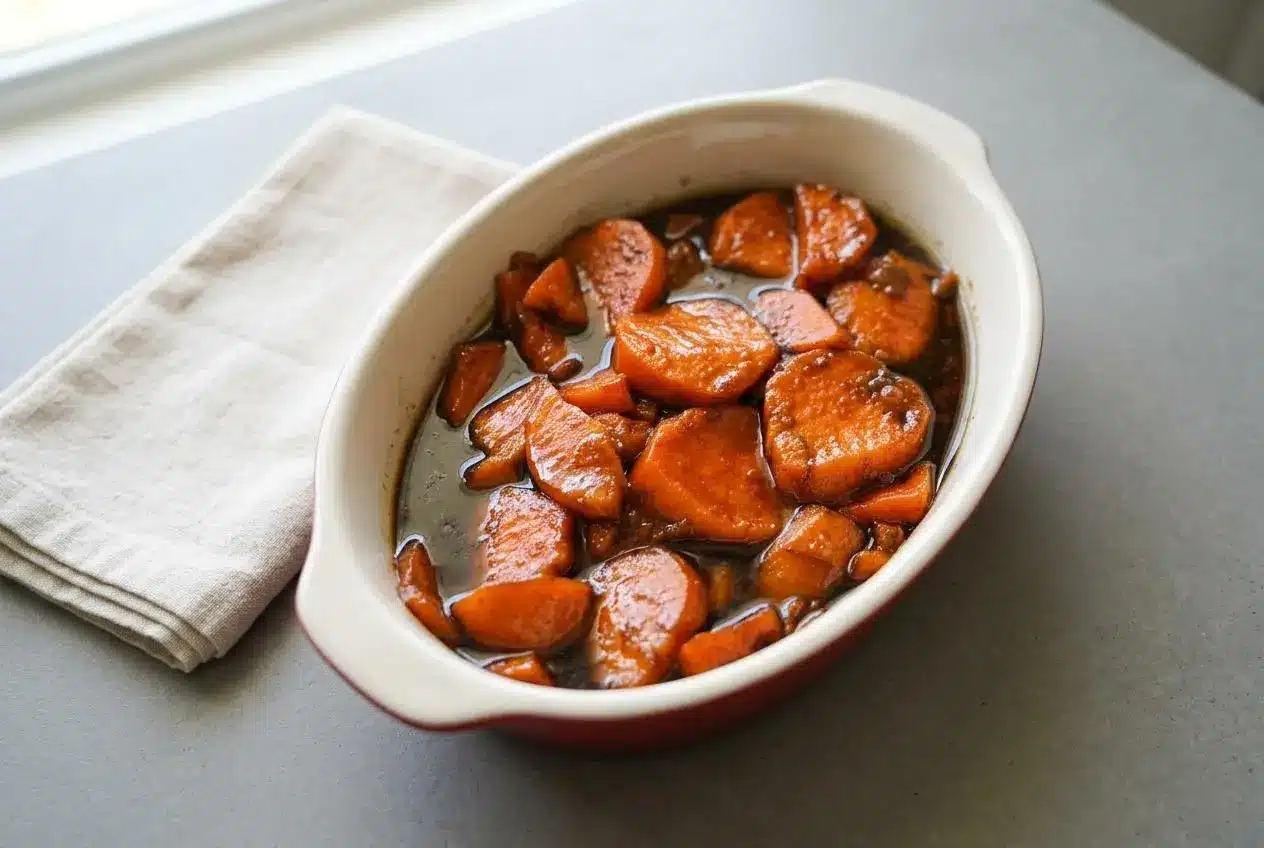Candied Yams Recipe featuring tender sliced sweet potatoes in a glossy caramelized brown sugar glaze.