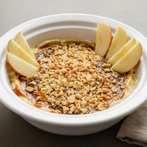 Caramel apple cheesecake dip topped with glossy caramel and crushed peanuts in a white dish.