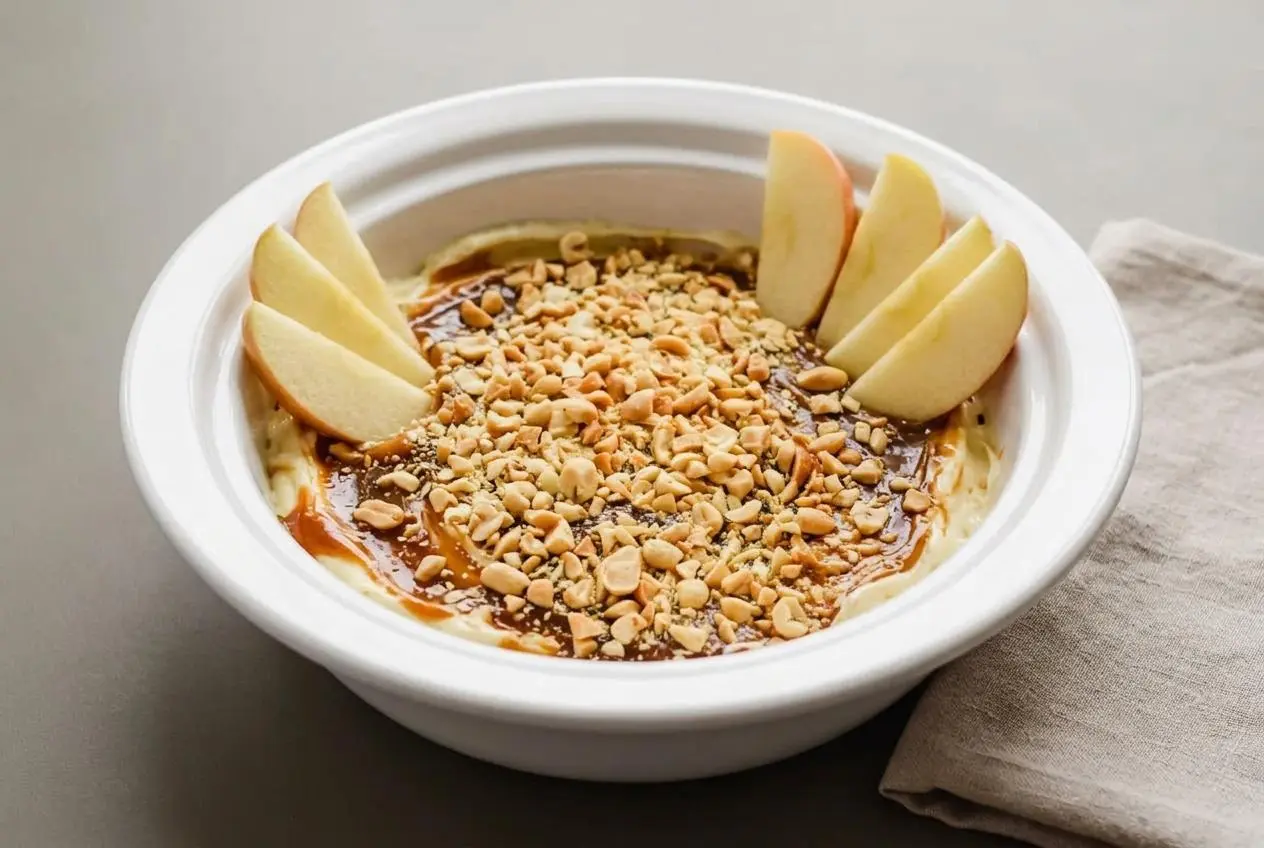 Caramel apple cheesecake dip topped with glossy caramel and crushed peanuts in a white dish.