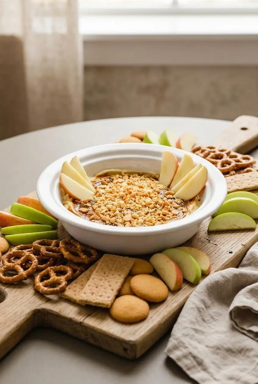 Dessert board with caramel apple cheesecake dip, sliced apples, pretzels, and graham crackers.