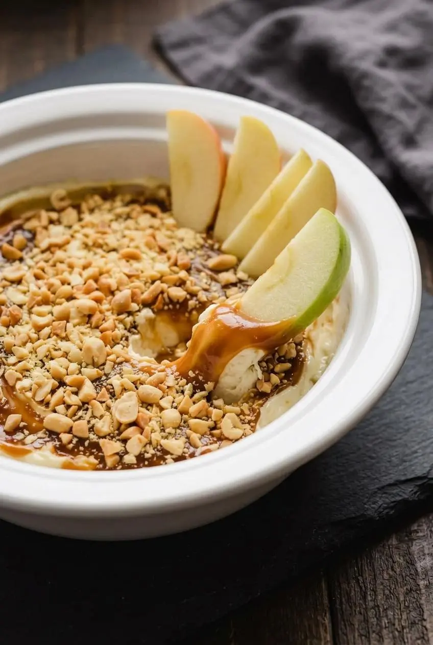 Crisp green apple wedge scooping thick caramel apple cheesecake dip with crushed peanuts.