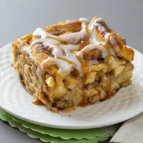 Baked caramel apple cinnamon roll lasagna with a golden crust, spiced apples, and sweet icing drizzle.