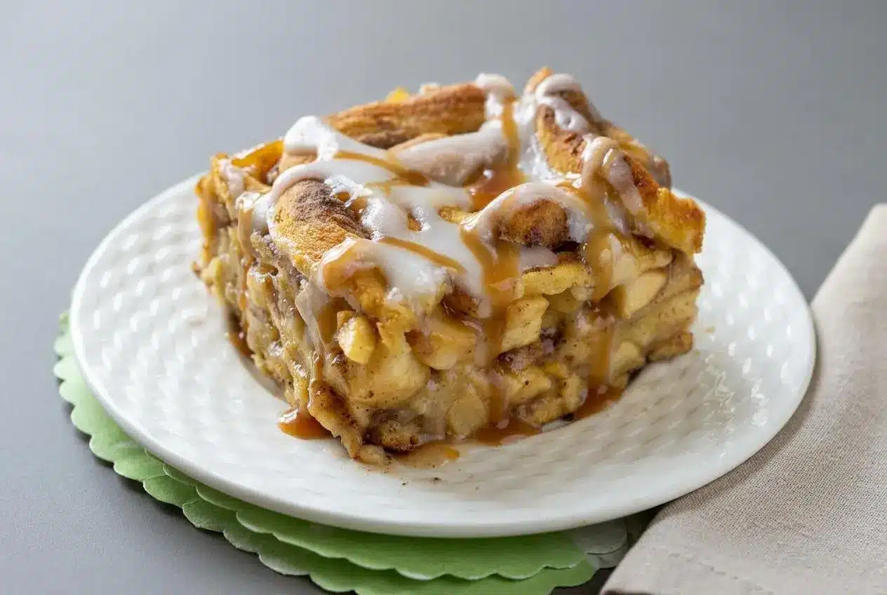 Baked caramel apple cinnamon roll lasagna with a golden crust, spiced apples, and sweet icing drizzle.