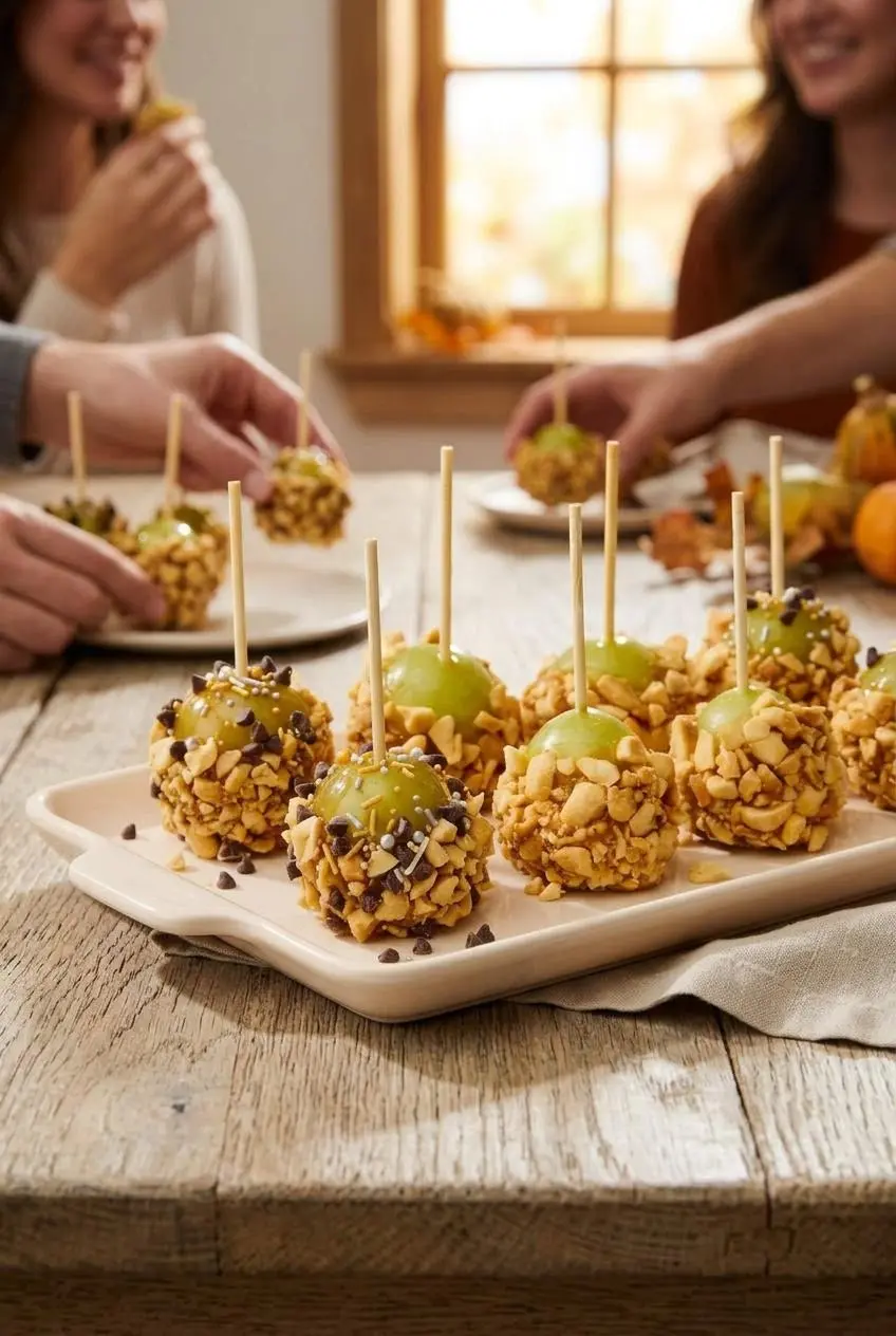 Caramel apple grapes arranged upright on a ceramic platter for an autumn party display.