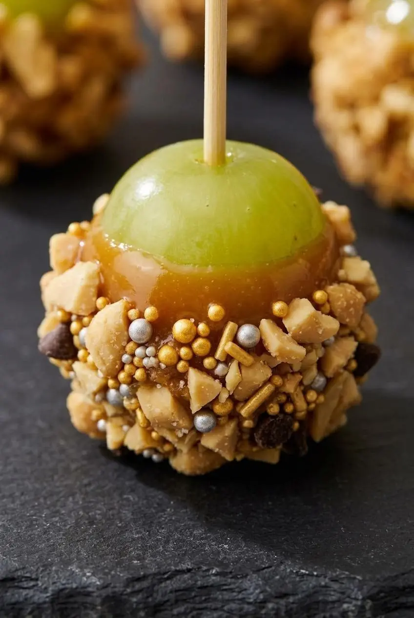 Close-up of a skewered green grape coated in smooth caramel and crushed roasted peanuts.