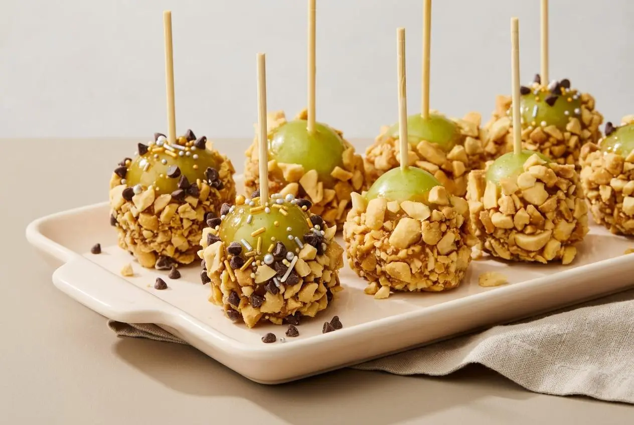 Caramel apple grapes coated in warm melted caramel and chopped peanuts on toothpicks.