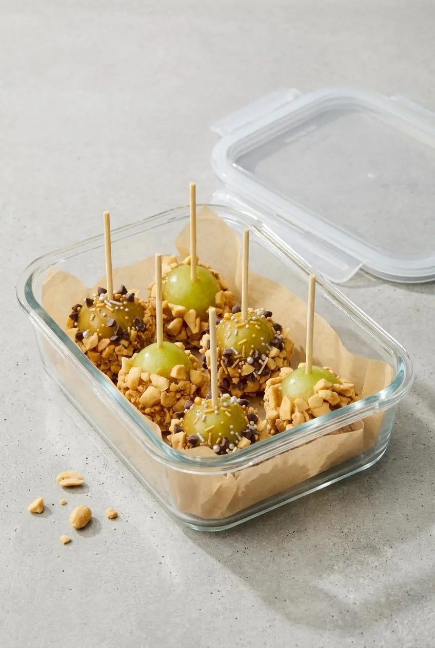 Caramel apple grapes stored in a single layer inside a parchment-lined glass container.