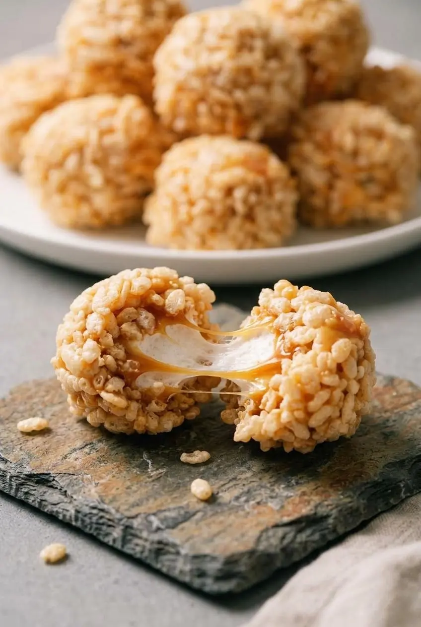 A caramel marshmallow rice krispie ball split open showing a gooey marshmallow pull and amber caramel.