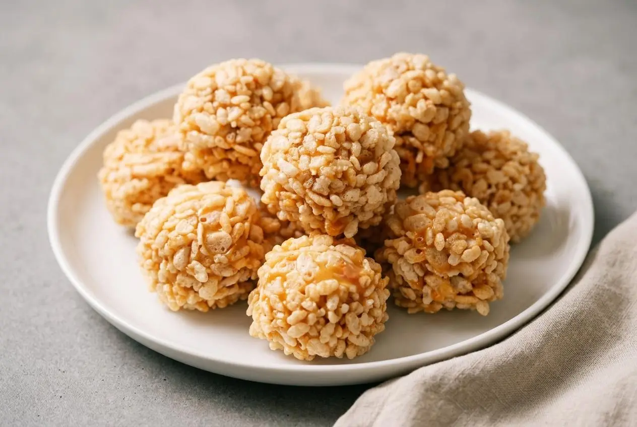 Crispy caramel marshmallow rice krispie balls showing a golden puffed cereal coating.