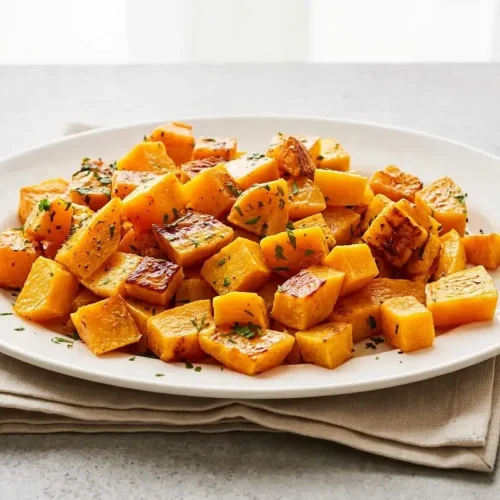 Tender roasted butternut squash recipe cubes with caramelized golden-brown edges on a baking sheet.