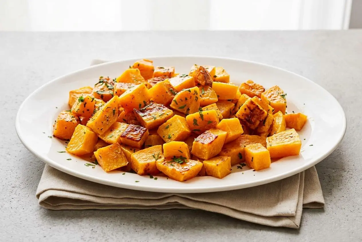 Tender roasted butternut squash recipe cubes with caramelized golden-brown edges on a baking sheet.