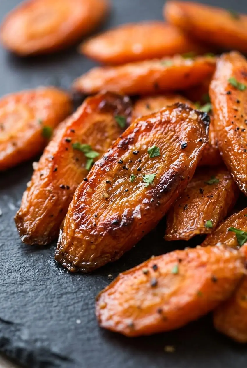 Close-up of roasted carrot slices with blistered caramelized edges, cracked black pepper, and kosher salt.